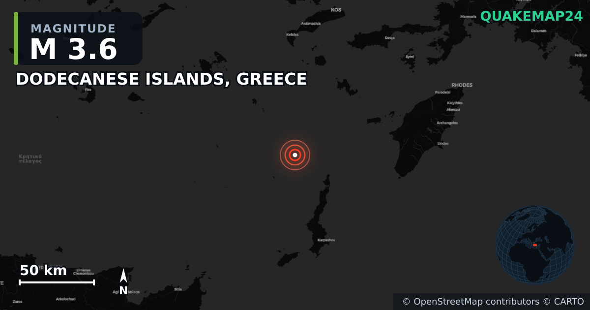 M3.6 earthquake near DODECANESE ISLANDS, GREECE on Aug 21, 2025 — map of epicenter and shaking intensity | QuakeMap24