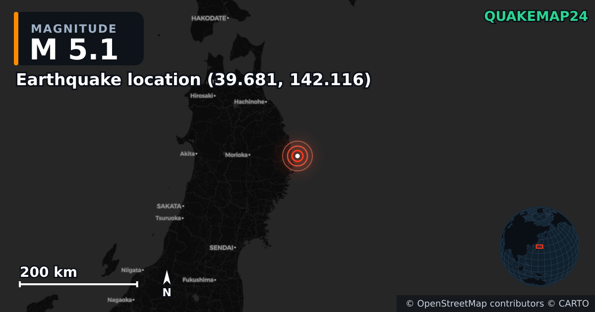 M5.1 earthquake near Deprem konumu (39.681, 142.116) on Apr 20, 2026 — map of epicenter and shaking intensity | QuakeMap24