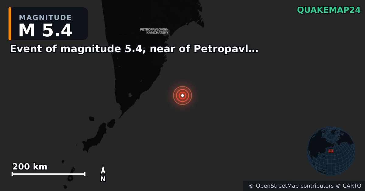 Event of magnitude 5.4, near of Petropavlovsk Kamchatskiy (Monde) yakınında M5,4 deprem — Deprem merkez üssünün konumunu gösteren harita