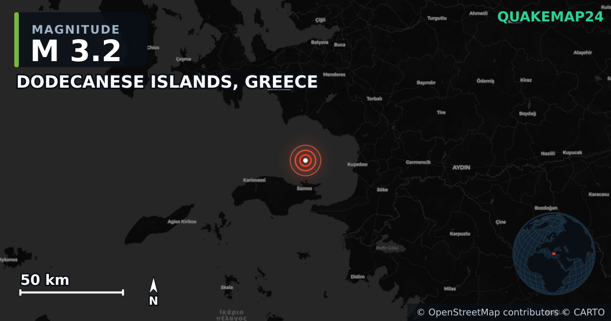 M3.2 earthquake near DODECANESE ISLANDS, GREECE on Jul 29, 2026 — map of epicenter and shaking intensity | QuakeMap24