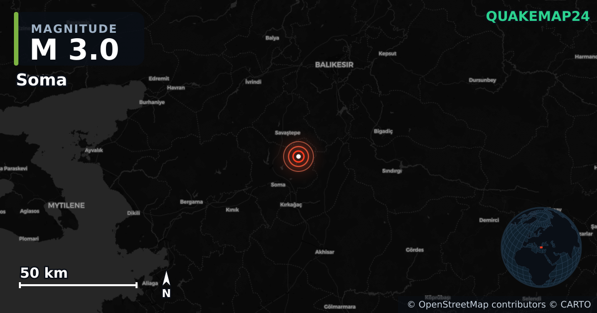 M3.0 earthquake near Soma on Jul 1, 2025 — map of epicenter and shaking intensity | QuakeMap24