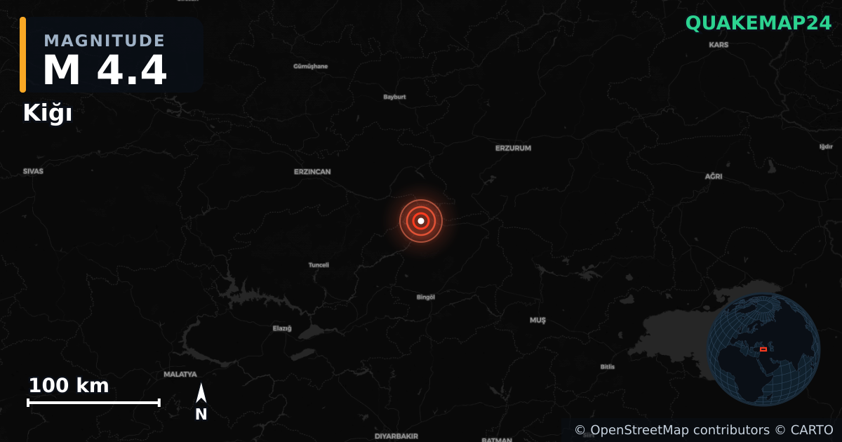 M4.4 earthquake near Kiğı on Apr 26, 2026 — map of epicenter and shaking intensity | QuakeMap24