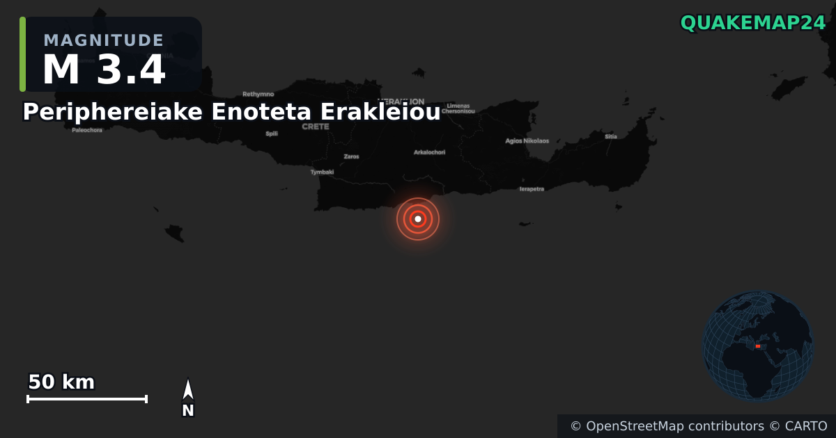 M3.4 earthquake near Periphereiake Enoteta Erakleiou on Feb 8, 2026 — map of epicenter and shaking intensity | QuakeMap24