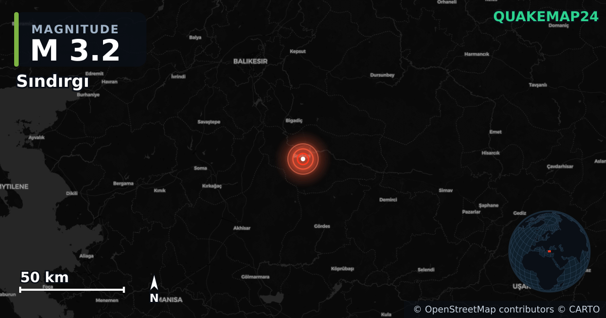 M3.2 earthquake near Sındırgı on Nov 17, 2025 — map of epicenter and shaking intensity | QuakeMap24
