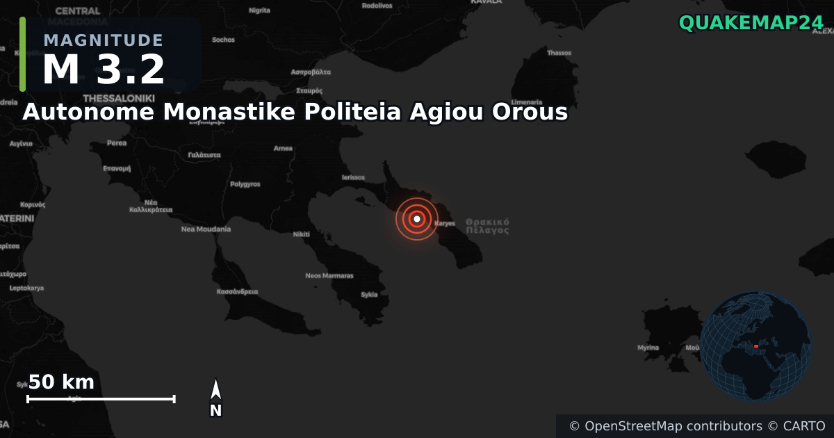 M3.2 earthquake near Autonome Monastike Politeia Agiou Orous on Feb 23, 2026 — map of epicenter and shaking intensity | QuakeMap24