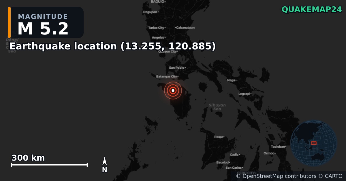 M5.2 earthquake near Τοποθεσία σεισμού (13.255, 120.885) on Oct 11, 2025 — map of epicenter and shaking intensity | QuakeMap24