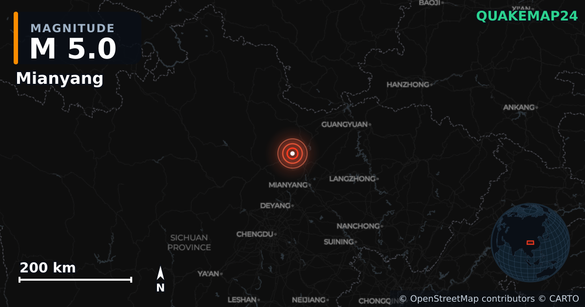 Σεισμός M5,0 κοντά στο Mianyang, Sichuan (Κίνα) · 2026-10-19 — Χάρτης της θέσης του επικέντρου