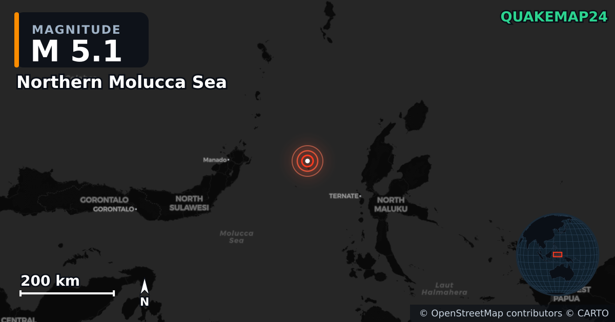 Σεισμός M5,1 κοντά στο Northern Molucca Sea — Χάρτης της θέσης του επικέντρου