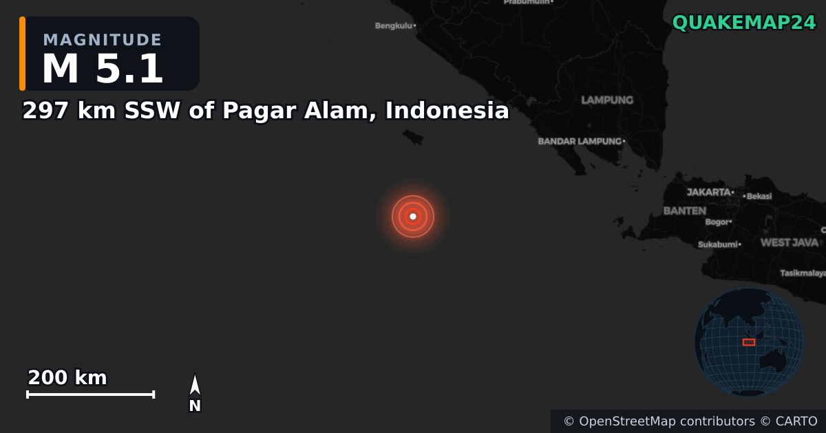 M5.1 earthquake near 297 km SSW of Pagar Alam, Indonesia on Feb 23, 2025 — map of epicenter and shaking intensity | QuakeMap24