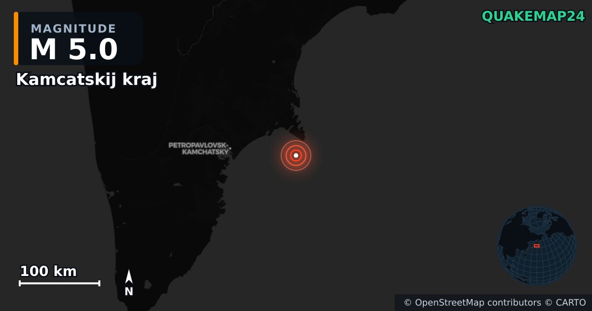 M5.0 earthquake near Kamcatskij kraj on Aug 8, 2025 — map of epicenter and shaking intensity | QuakeMap24