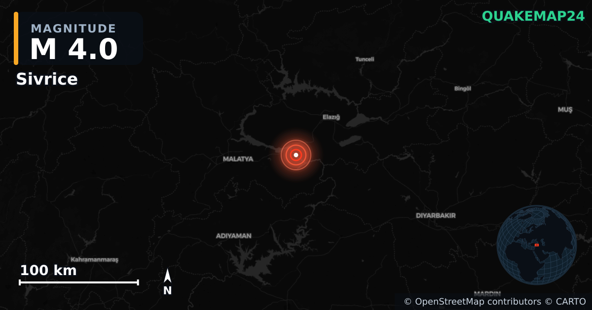M4.0 earthquake near Sivrice on Jul 16, 2026 — map of epicenter and shaking intensity | QuakeMap24