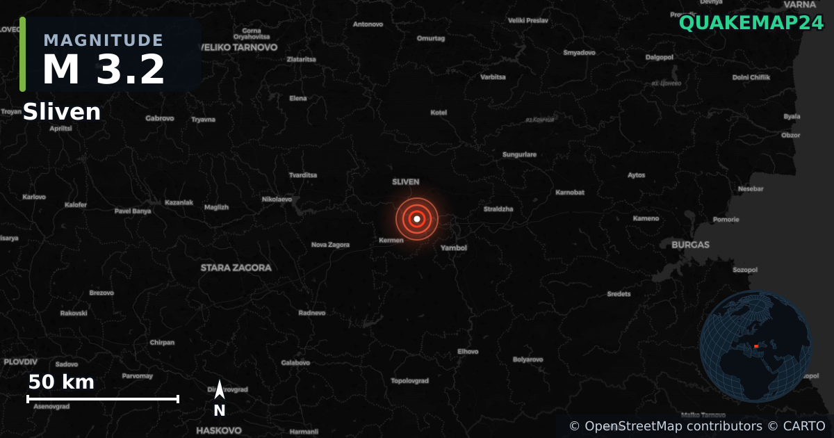M3.2 earthquake near Sliven on Aug 31, 2025 — map of epicenter and shaking intensity | QuakeMap24