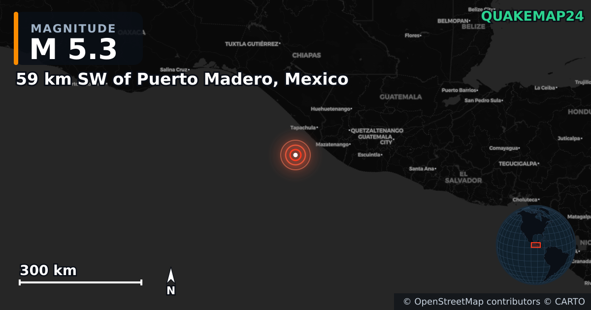 M5.3 earthquake near 59 km SW of Puerto Madero, Mexico on Jul 19, 2026 — map of epicenter and shaking intensity | QuakeMap24