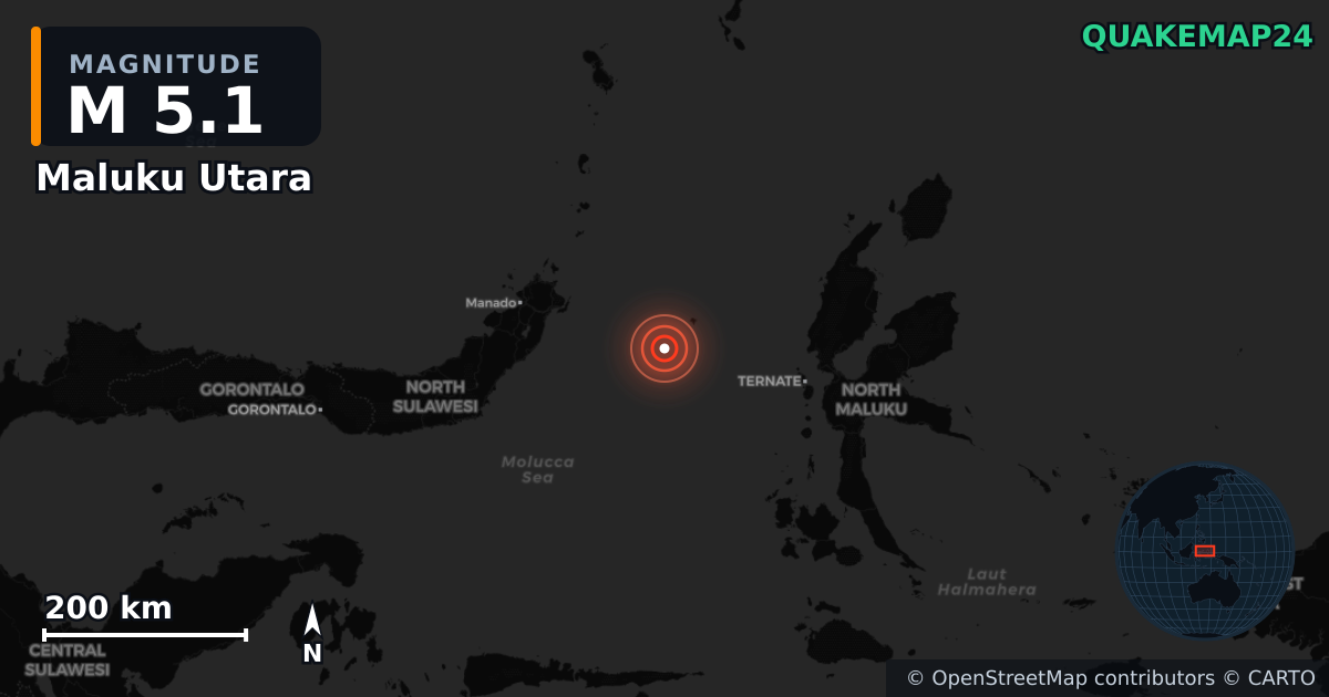 Erdbeben M5,1 bei Maluku Utara (Indonesien) — Karte der Lage des Epizentrums