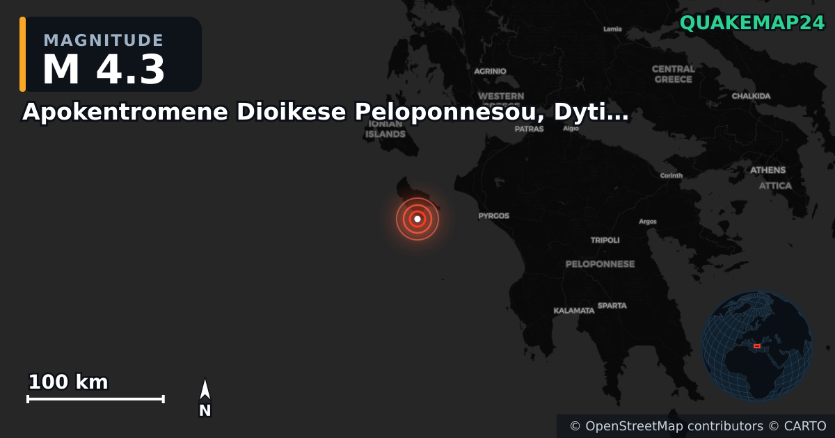 M4.3 earthquake near Apokentromene Dioikese Peloponnesou, Dytikes Elladas kai Ioniou on Oct 1, 2025 — map of epicenter and shaking intensity | QuakeMap24