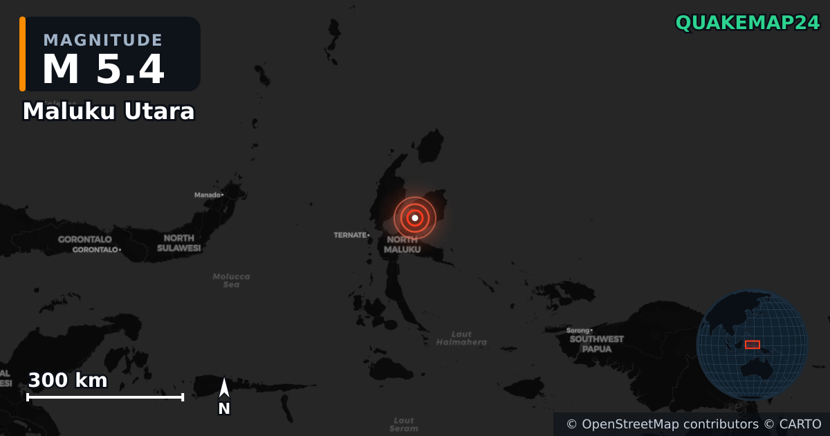 M5.4 earthquake near Maluku Utara on Nov 23, 2025 — map of epicenter and shaking intensity | QuakeMap24