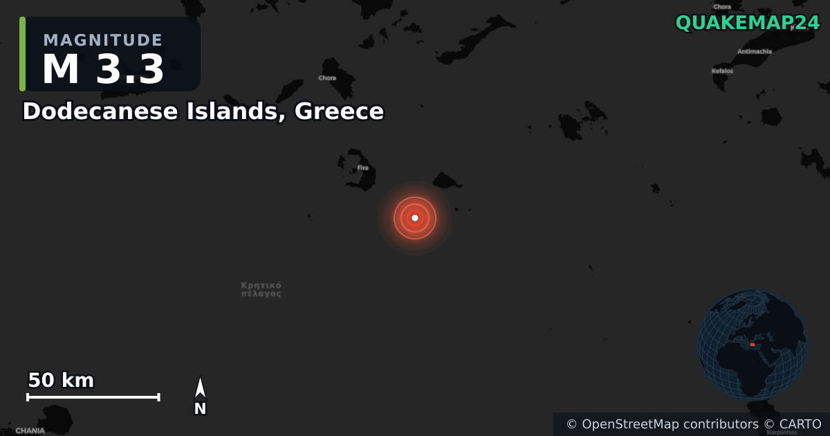 M3.3 earthquake near Dodecanese Islands, Greece on Dec 17, 2025 — map of epicenter and shaking intensity | QuakeMap24