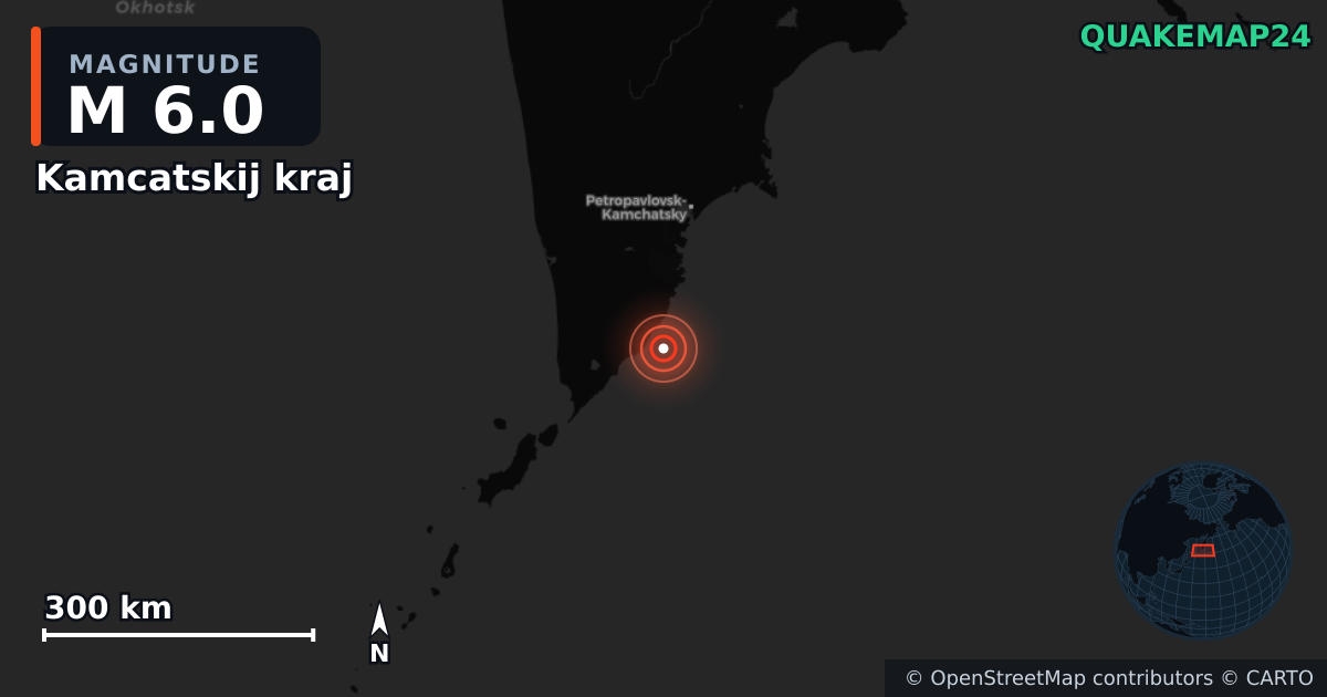 M6.0 earthquake near Kamcatskij kraj on Oct 9, 2025 — map of epicenter and shaking intensity | QuakeMap24