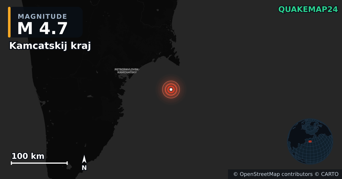 M4.7 earthquake near Kamcatskij kraj on Aug 30, 2025 — map of epicenter and shaking intensity | QuakeMap24