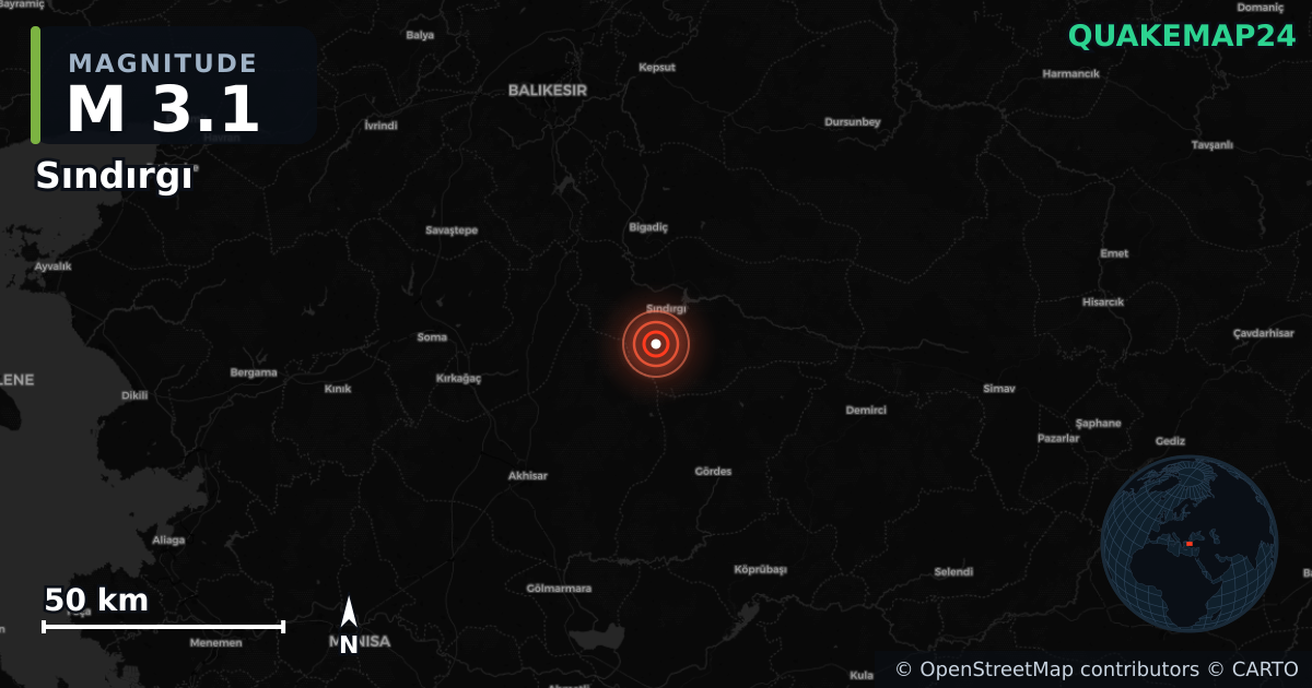 M3.1 earthquake near Sındırgı on Sep 5, 2025 — map of epicenter and shaking intensity | QuakeMap24