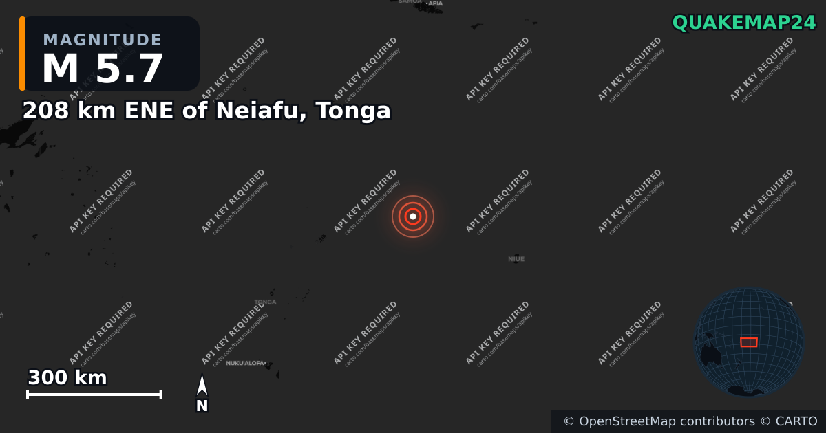 M5.7 earthquake near 208 km ENE of Neiafu, Tonga on Aug 14, 2025 — map of epicenter and shaking intensity | QuakeMap24