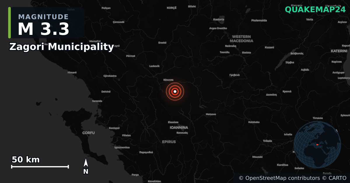 M3.3 earthquake near Zagori Municipality on Mar 26, 2026 — map of epicenter and shaking intensity | QuakeMap24