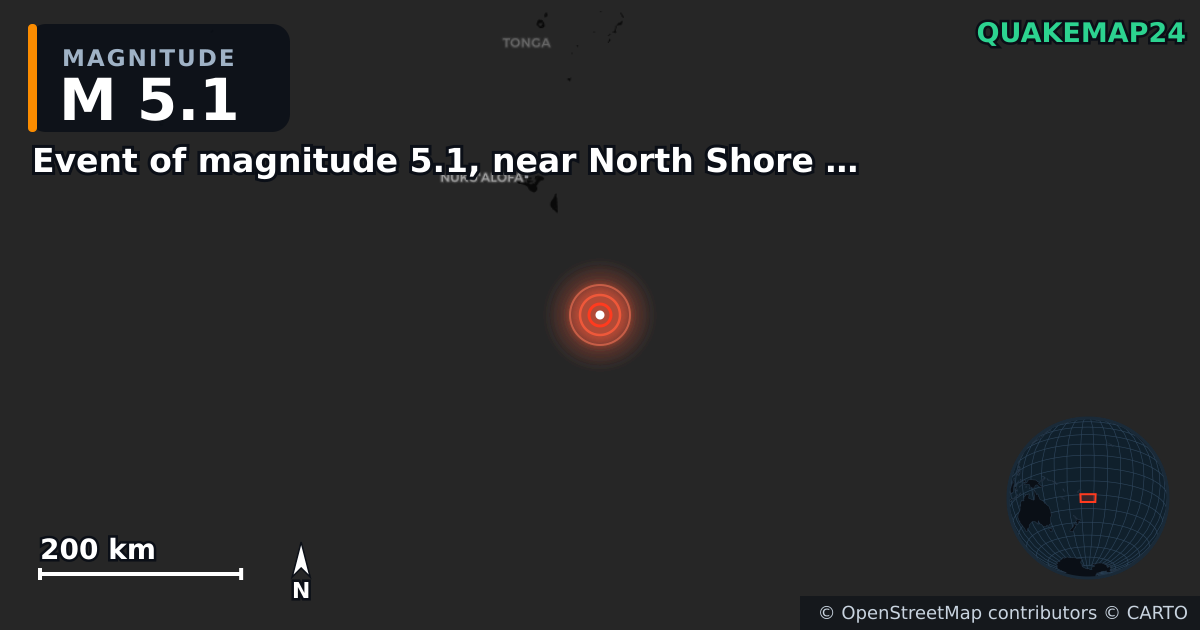 M5.1 earthquake near Event of magnitude 5.1, near North Shore (Monde) on Jul 8, 2026 — map of epicenter and shaking intensity | QuakeMap24