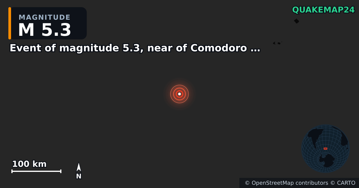 M5.3 earthquake near Event of magnitude 5.3, near of Comodoro Rivadavia (Monde) on Sep 18, 2025 — map of epicenter and shaking intensity | QuakeMap24