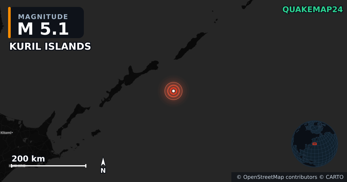 KURIL ISLANDS yakınında M5,1 deprem — Deprem merkez üssünün konumunu gösteren harita