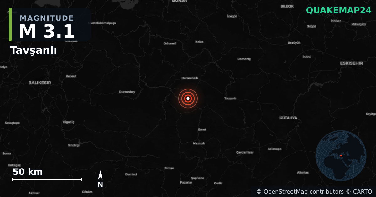 M3.1 earthquake near Tavşanlı on Aug 4, 2025 — map of epicenter and shaking intensity | QuakeMap24