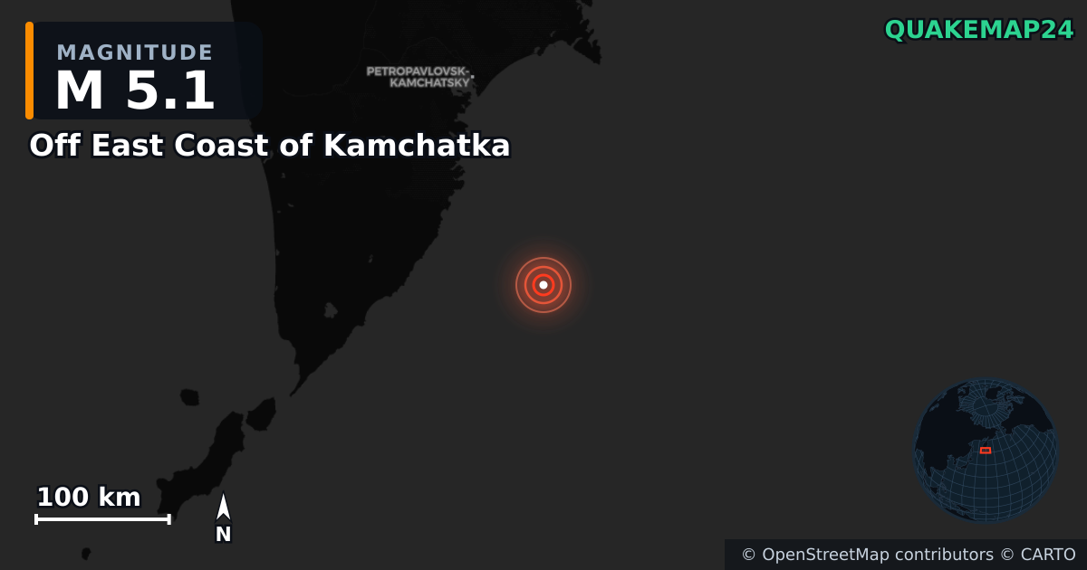 M5.1 earthquake near Off East Coast of Kamchatka on Sep 25, 2025 — map of epicenter and shaking intensity | QuakeMap24
