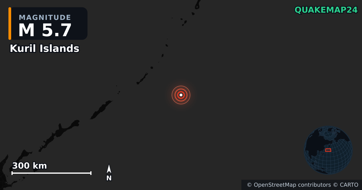 M5.7 earthquake near Kuril Islands on Feb 22, 2026 — map of epicenter and shaking intensity | QuakeMap24