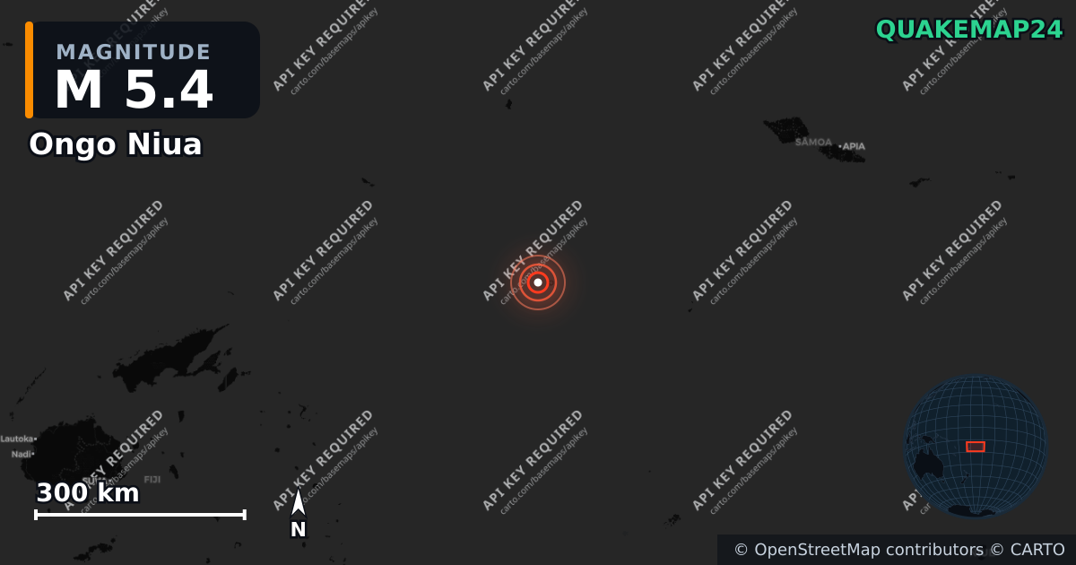 M5.4 earthquake near Ongo Niua on Nov 14, 2025 — map of epicenter and shaking intensity | QuakeMap24
