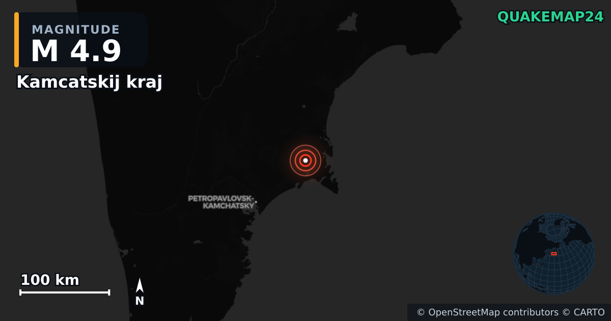 M4.9 earthquake near Kamcatskij kraj on Sep 22, 2025 — map of epicenter and shaking intensity | QuakeMap24