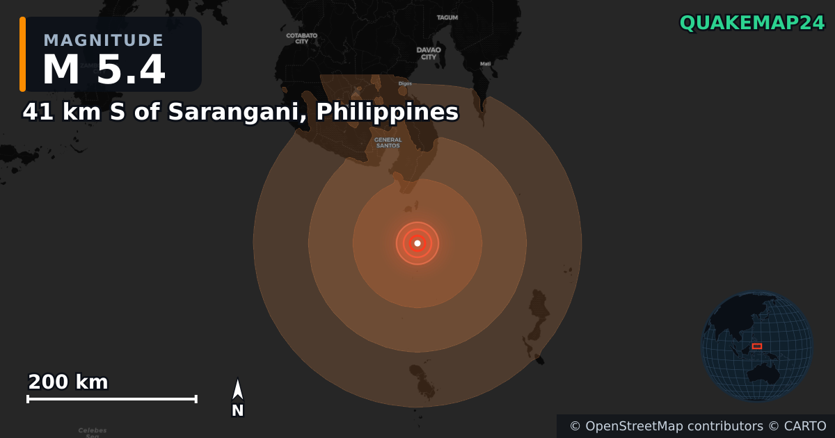 M5.4 earthquake near 41 km S of Sarangani, Philippines on Jul 11, 2026 — map of epicenter and shaking intensity | QuakeMap24