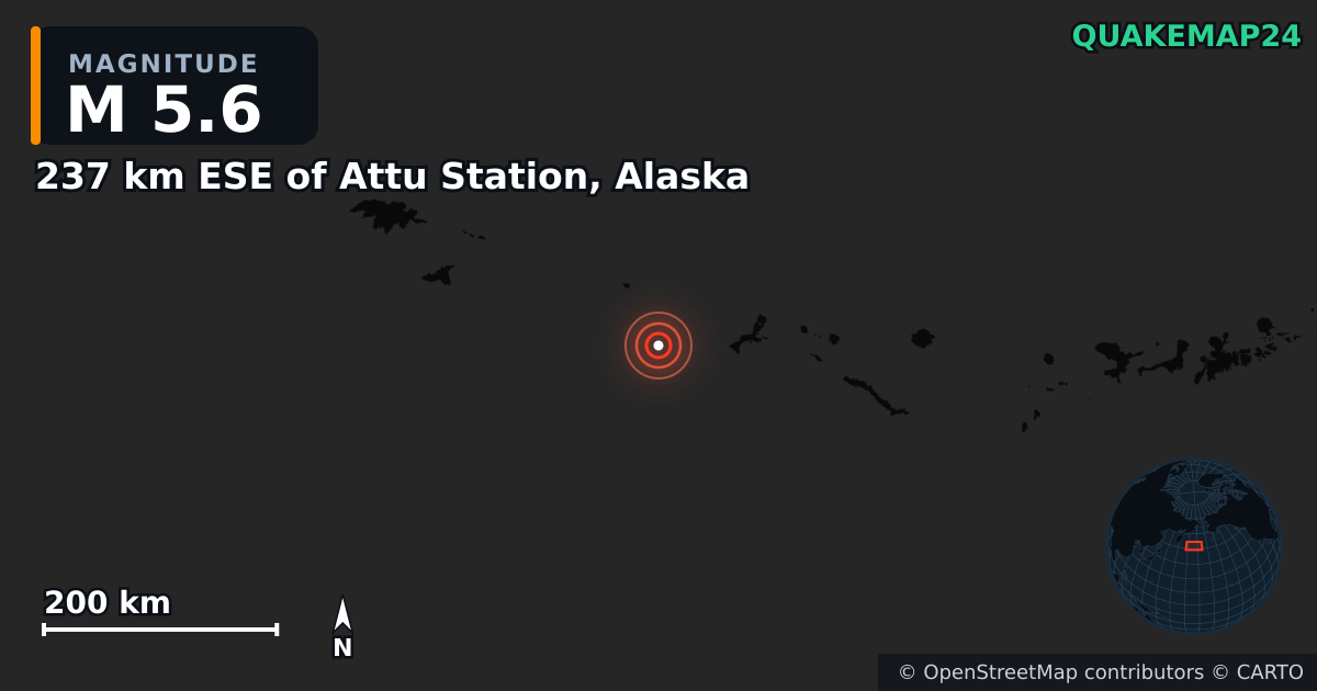 M5.6 earthquake near 237 km ESE of Attu Station, Alaska on May 6, 2026 — map of epicenter and shaking intensity | QuakeMap24