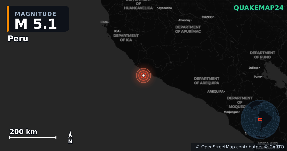 M5.1 earthquake near Peru on Feb 17, 2025 — map of epicenter and shaking intensity | QuakeMap24