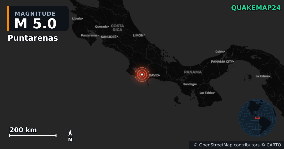 M5.0 earthquake near Puntarenas on Mar 17, 2026 — map of epicenter and shaking intensity | QuakeMap24