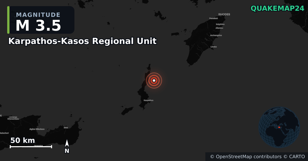 Σεισμός M3,5 κοντά στο Karpathos-Kasos Regional Unit, South Aegean (Ελλάδα) · 2026-09-29 — Χάρτης της θέσης του επικέντρου