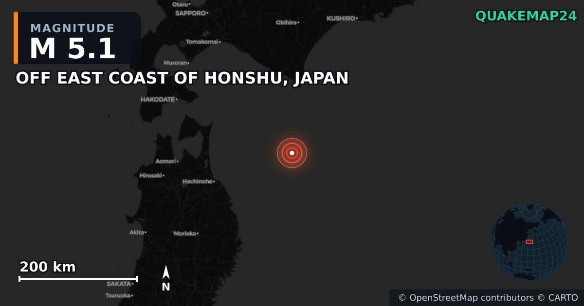 M5.1 earthquake near OFF EAST COAST OF HONSHU, JAPAN on Dec 16, 2025 — map of epicenter and shaking intensity | QuakeMap24