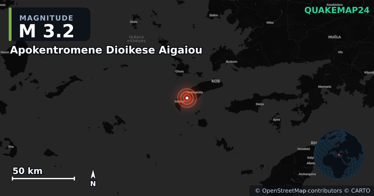 M3.2 earthquake near Apokentromene Dioikese Aigaiou on Dec 22, 2025 — map of epicenter and shaking intensity | QuakeMap24