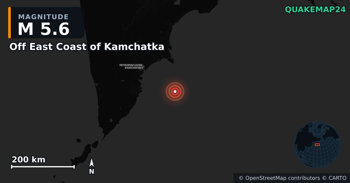 M5.6 earthquake near Off East Coast of Kamchatka on Aug 5, 2025 — map of epicenter and shaking intensity | QuakeMap24