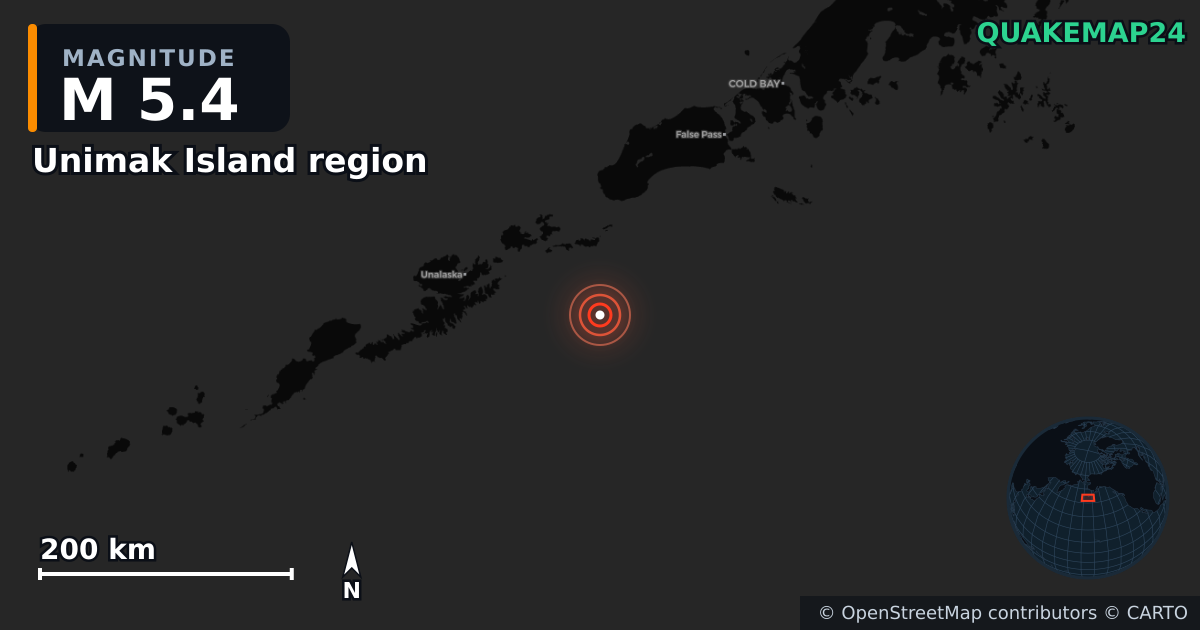 M5.4 earthquake near Unimak Island region on Apr 25, 2026 — map of epicenter and shaking intensity | QuakeMap24
