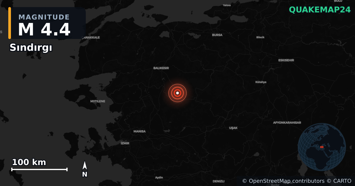 M4.4 earthquake near Sındırgı on Aug 11, 2025 — map of epicenter and shaking intensity | QuakeMap24