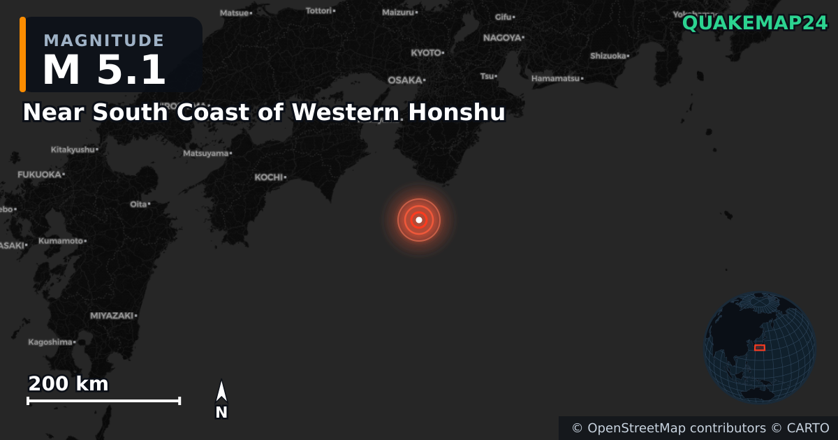 Sismo de M5,1 perto de Near South Coast of Western Honshu — Mapa da localização do epicentro