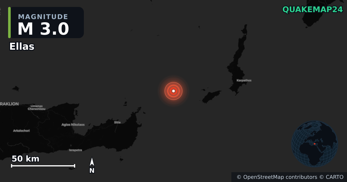 M3.0 earthquake near Ellas on May 19, 2026 — map of epicenter and shaking intensity | QuakeMap24