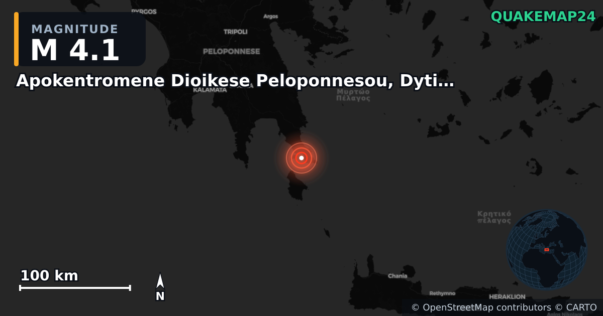 M4.1 earthquake near Apokentromene Dioikese Peloponnesou, Dytikes Elladas kai Ioniou on Nov 10, 2025 — map of epicenter and shaking intensity | QuakeMap24