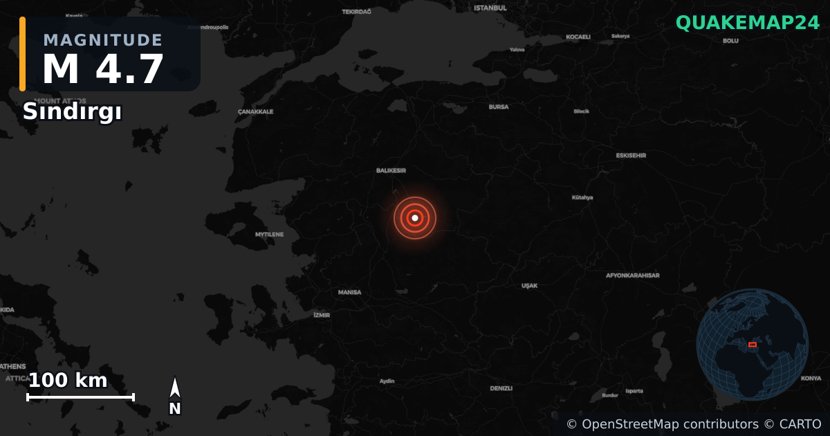 M4.7 earthquake near Sındırgı on Nov 13, 2025 — map of epicenter and shaking intensity | QuakeMap24