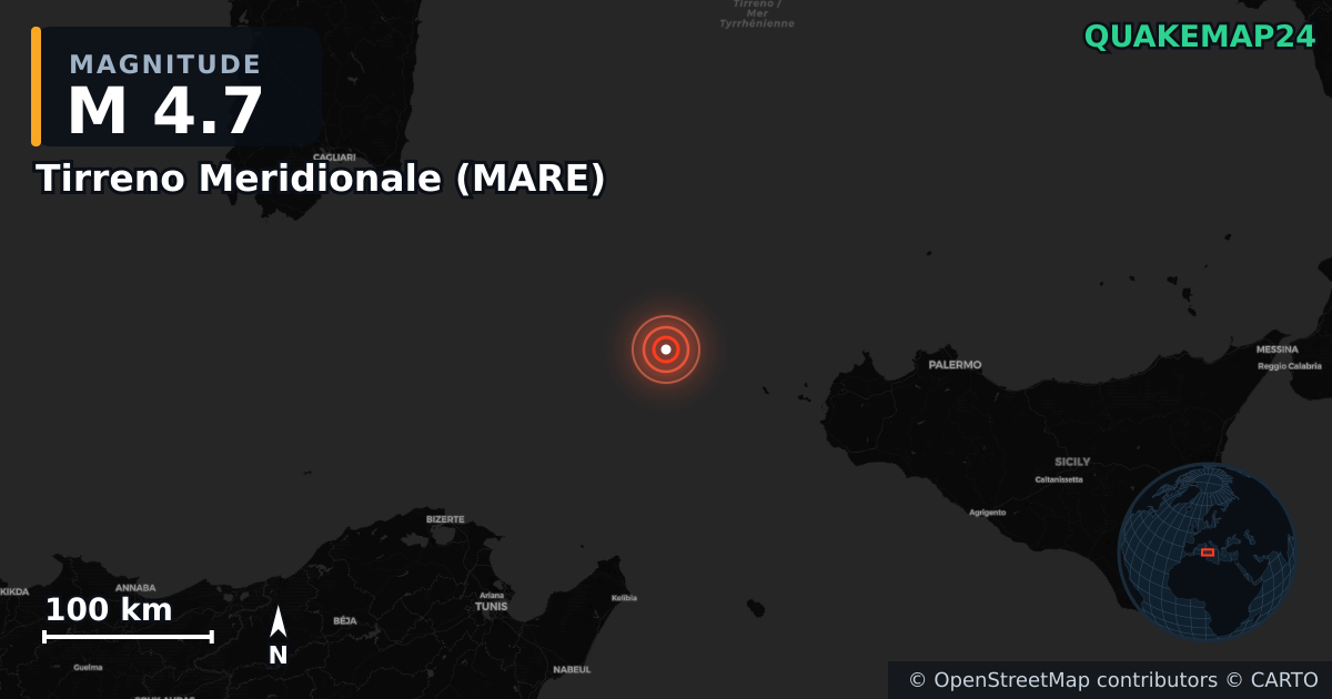 Tirreno Meridionale (MARE) yakınında M4,7 deprem · 2025-08-26 — Deprem merkez üssünün konumunu gösteren harita