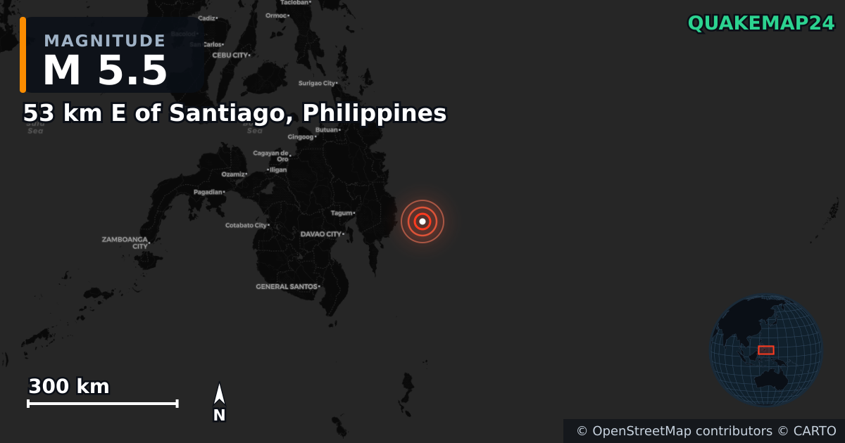 M5.5 earthquake near 53 km E of Santiago, Philippines on Jan 7, 2026 — map of epicenter and shaking intensity | QuakeMap24